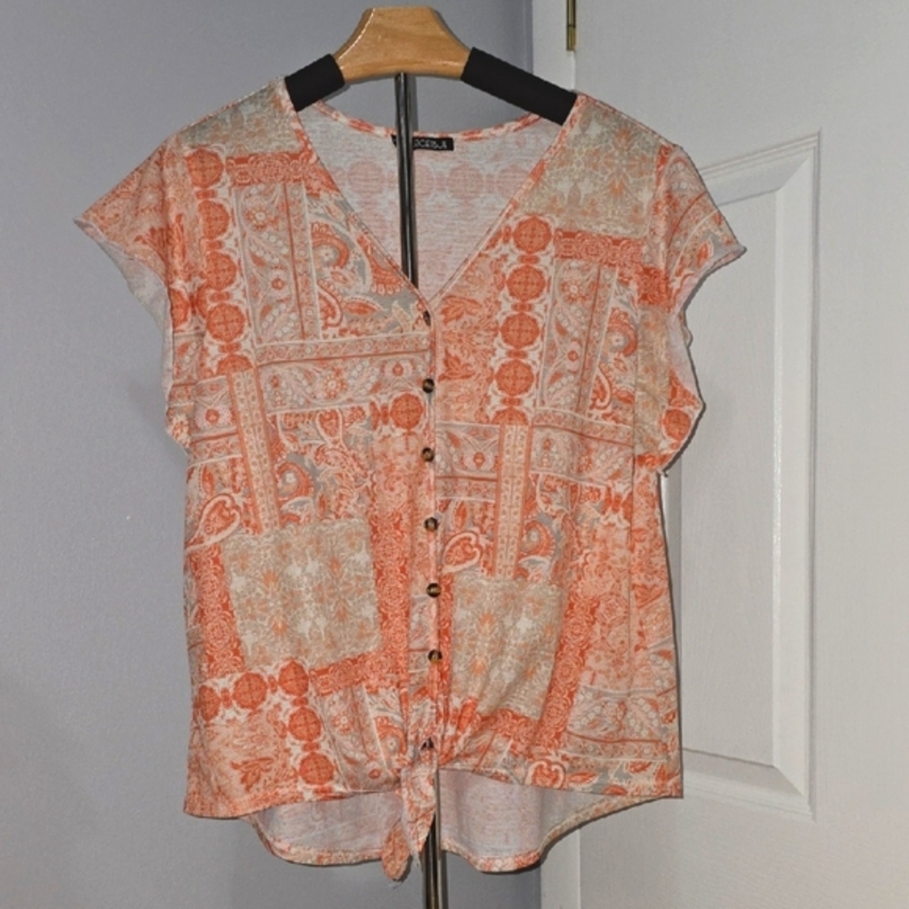 Orange Cap Sleeve Notched Collar Button Down Top